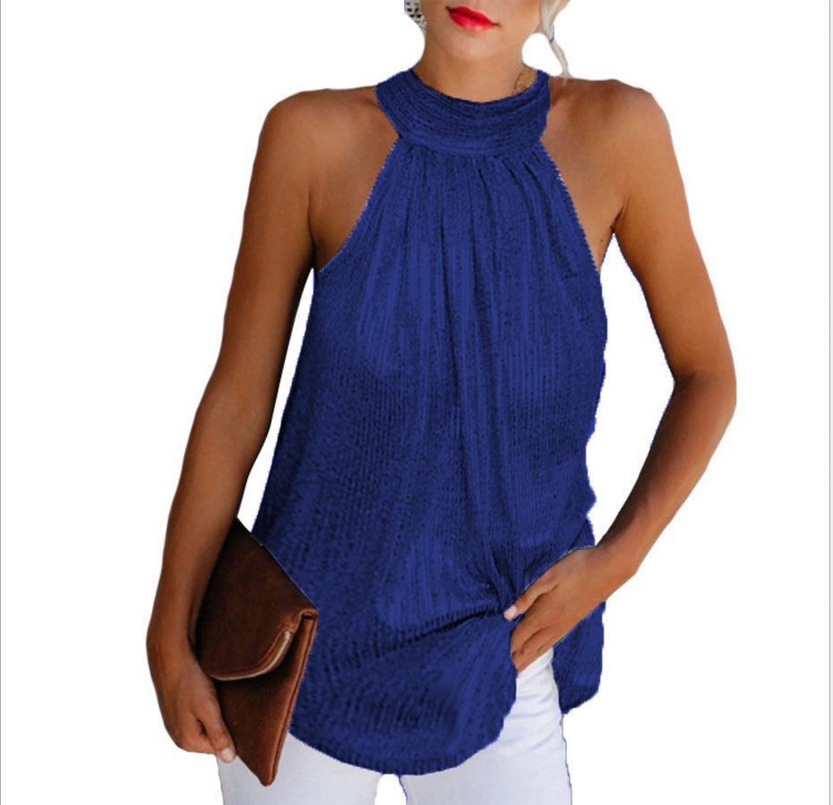 Hanging neck zipper sleeveless T-shirt casual top