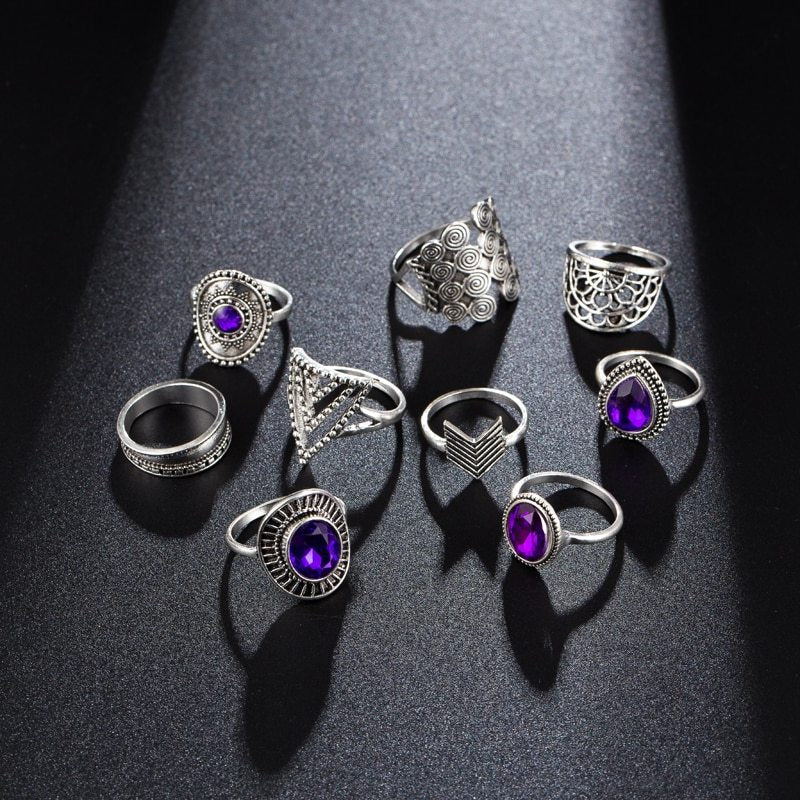 Vintage Fan-Shaped Drop Diamonds And Purple Gems Triangle Set Of 9 Rings