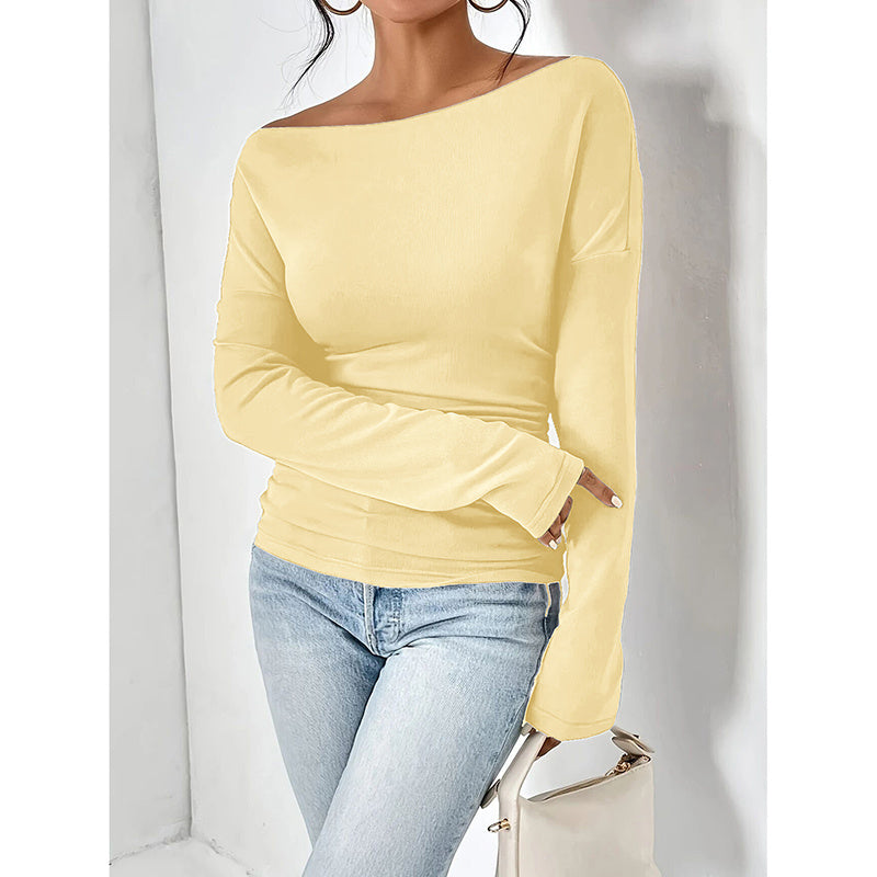 Women's Off The Shoulder Tops Long Sleeve T Shirts Going Out Tops Casual Trendy Ruched Slim Fitted Tees
