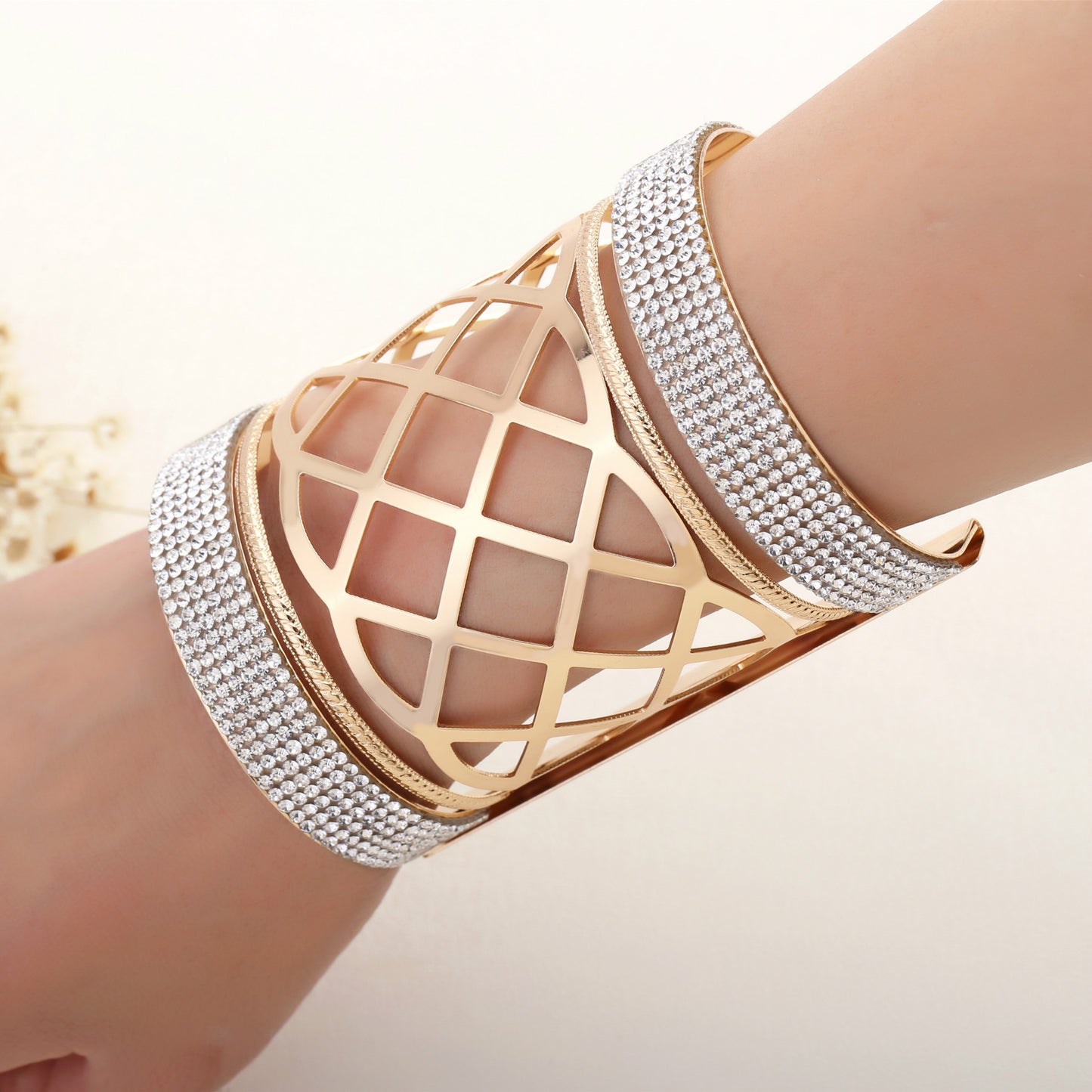 Iron Leather With Diamonds Personality Hollow Super Wide Bracelet