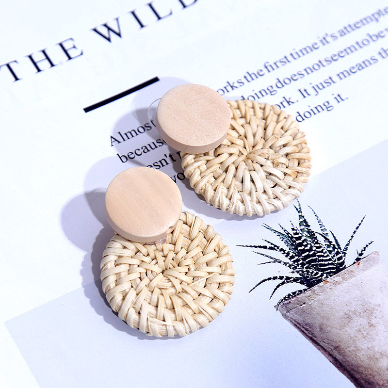 Women's Wooden Rattan Geometric Round Boho Earrings