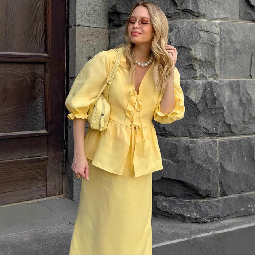 Pleated Lace-up Top Puff Sleeve Skirt