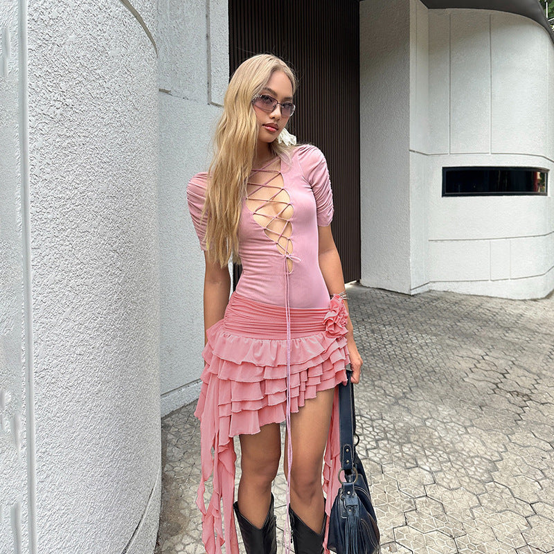 Hot Girl Unique Design Deep V Lace-up Irregular Dress Women