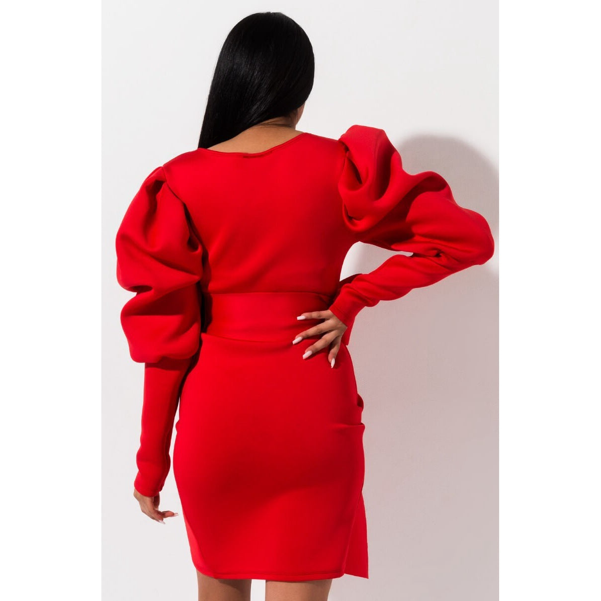 V-neck puff sleeve bow tie dress