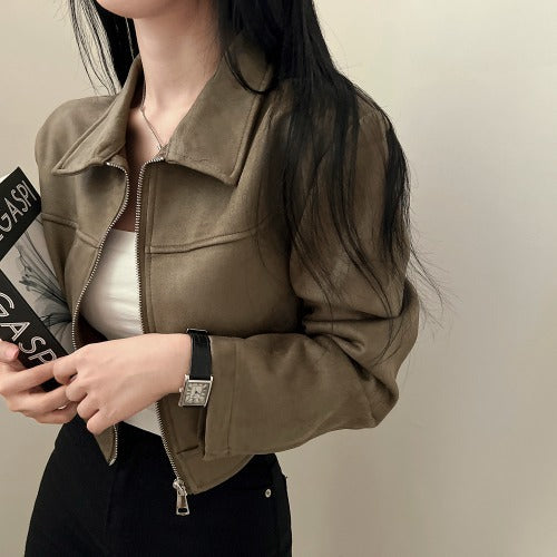 Retro Simple Pure Color Slimming Versatile Zipper Lapel Suede Fabric Jacket
