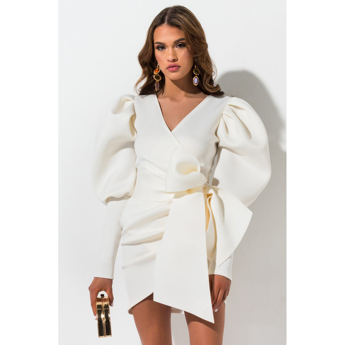 V-neck puff sleeve bow tie dress
