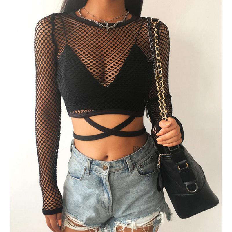 Mesh Transparent Short Long Sleeve Blouse Woman