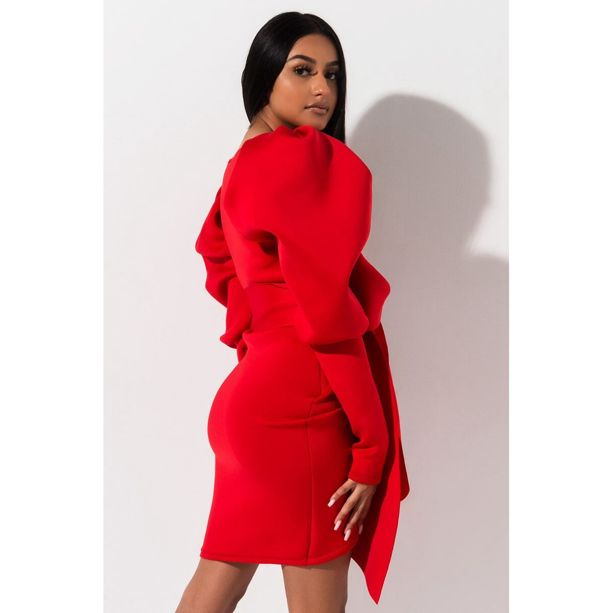 V-neck puff sleeve bow tie dress