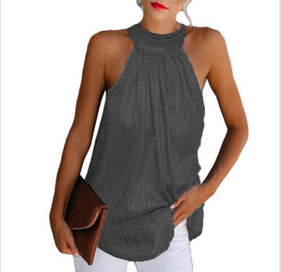 Hanging neck zipper sleeveless T-shirt casual top