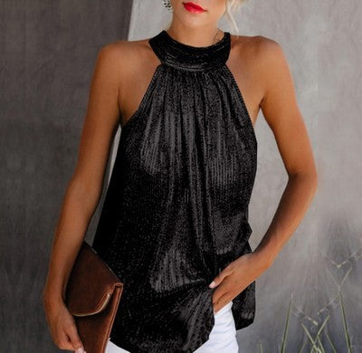 Hanging neck zipper sleeveless T-shirt casual top