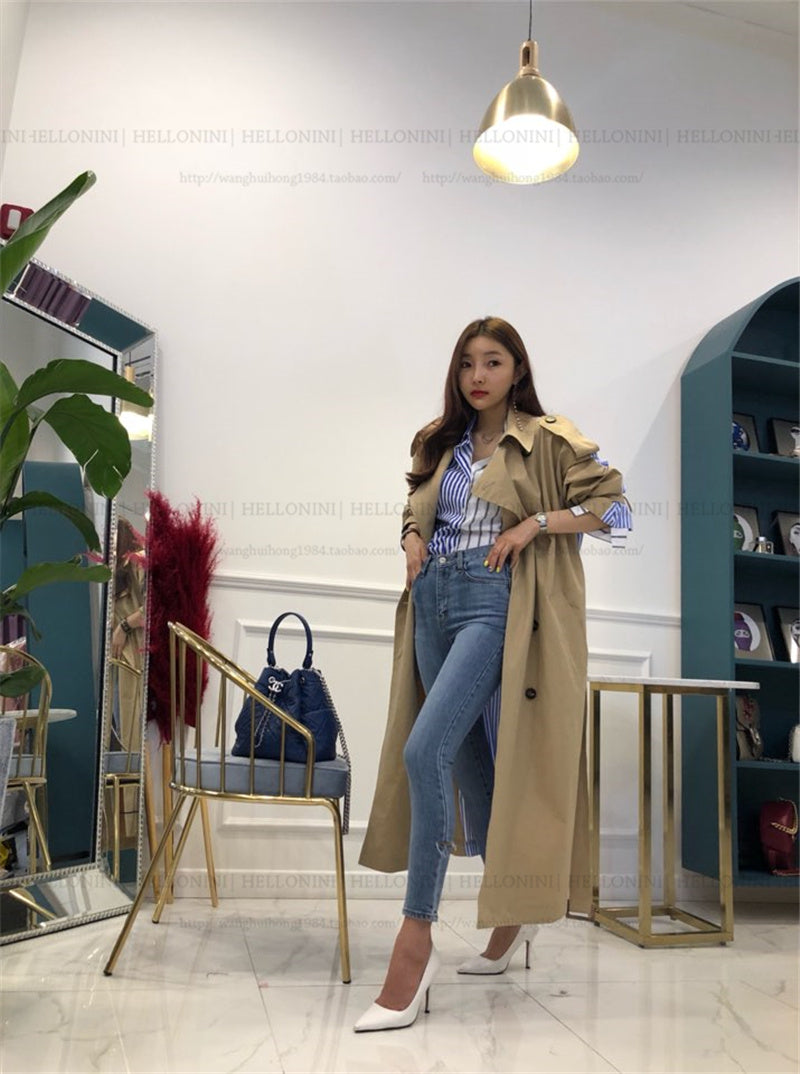 Lapel tie striped trench coat