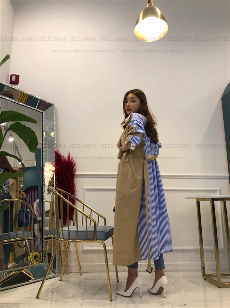 Lapel tie striped trench coat