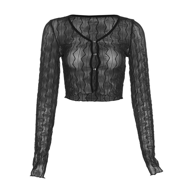 Women's Pure Color Mesh Cardigan Long Sleeve Short T-shirt