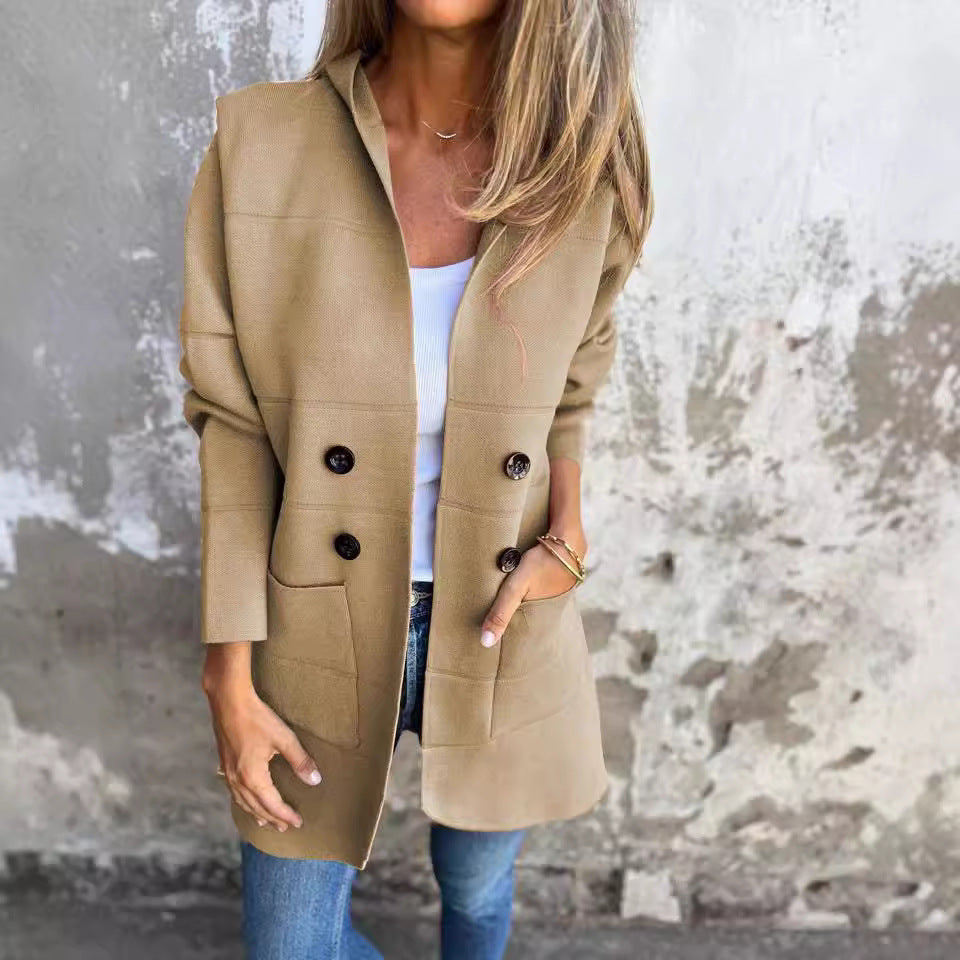 Solid Color Hooded Casual Button Trench Coat