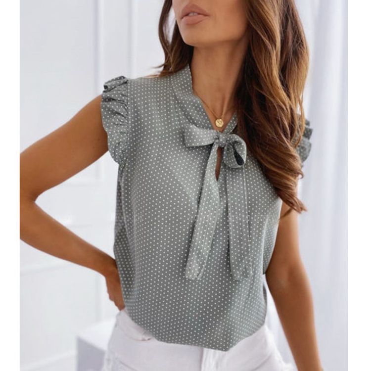 Women's Polka Dot Bow Neck Sleeveless Shirt Top