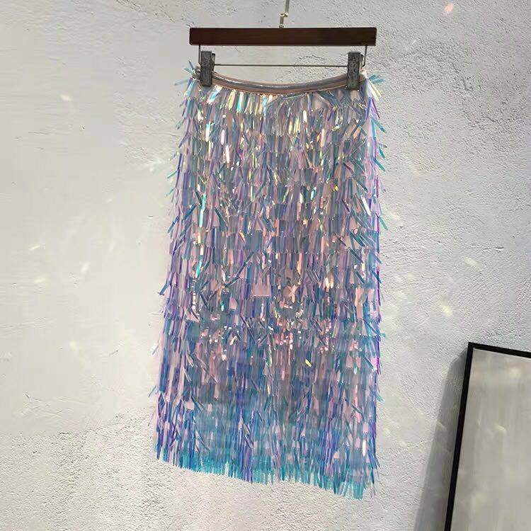 High waist sequin fringed mesh skirt
