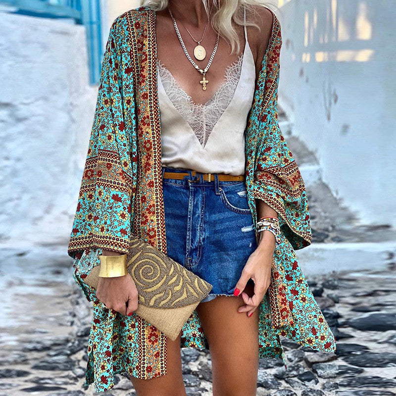 Women's Loose Boho Long Sleeve Printed Midi Cardigan