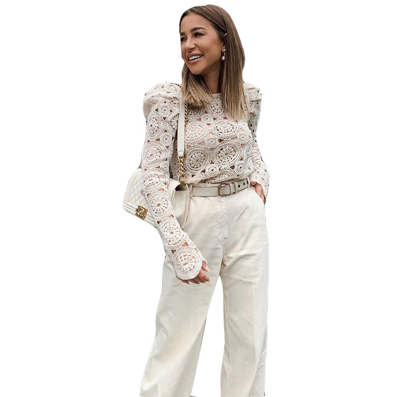 Lace Lace See-through Long-sleeved Blouse