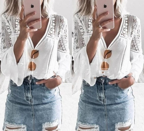 V-neck Lace Flared Sleeve Ladies Shirt