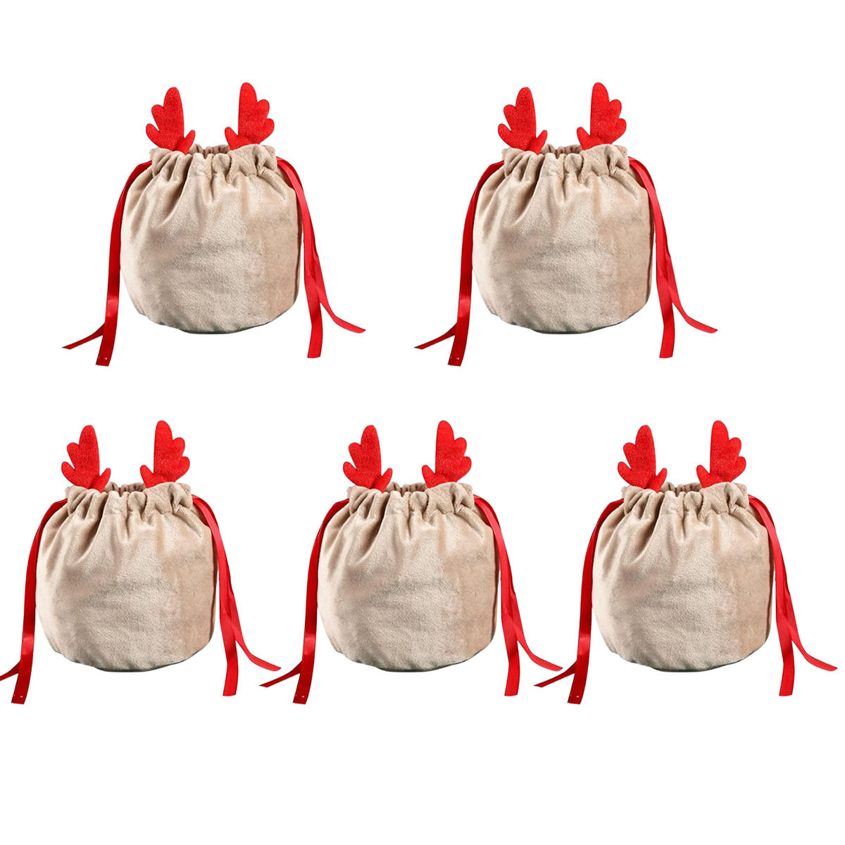 5 Pcs Christmas Velvet Drawstring Candy Gift Bags With Antlers 2 Styles Mini Xmas Present Pouch 7x5 Inch Santa Gift Wrapping Bags