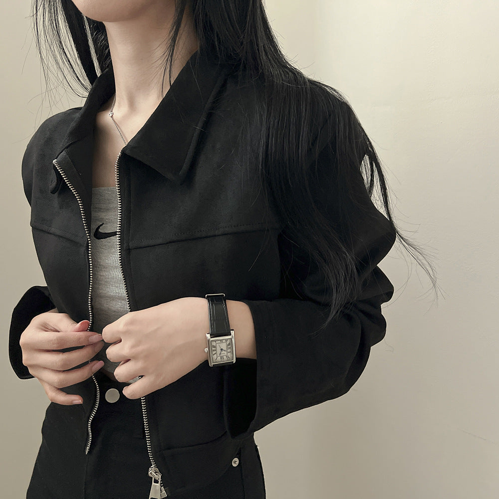 Retro Simple Pure Color Slimming Versatile Zipper Lapel Suede Fabric Jacket