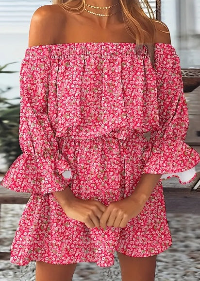 Boho Leaf Graphic Print Off Shoulder Dress, Sexy Backless Ruffle Sleeve Dress For Spring & Summer, Women's Clothing