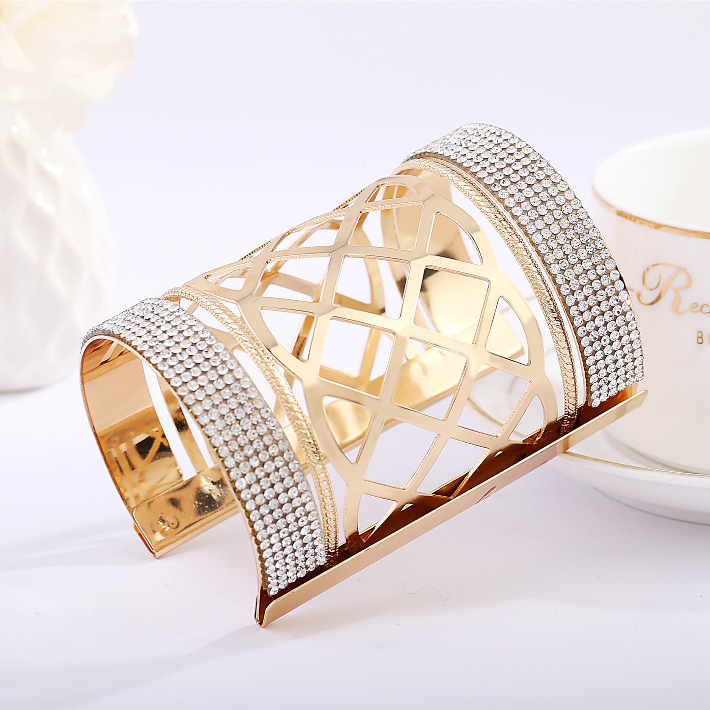Iron Leather With Diamonds Personality Hollow Super Wide Bracelet