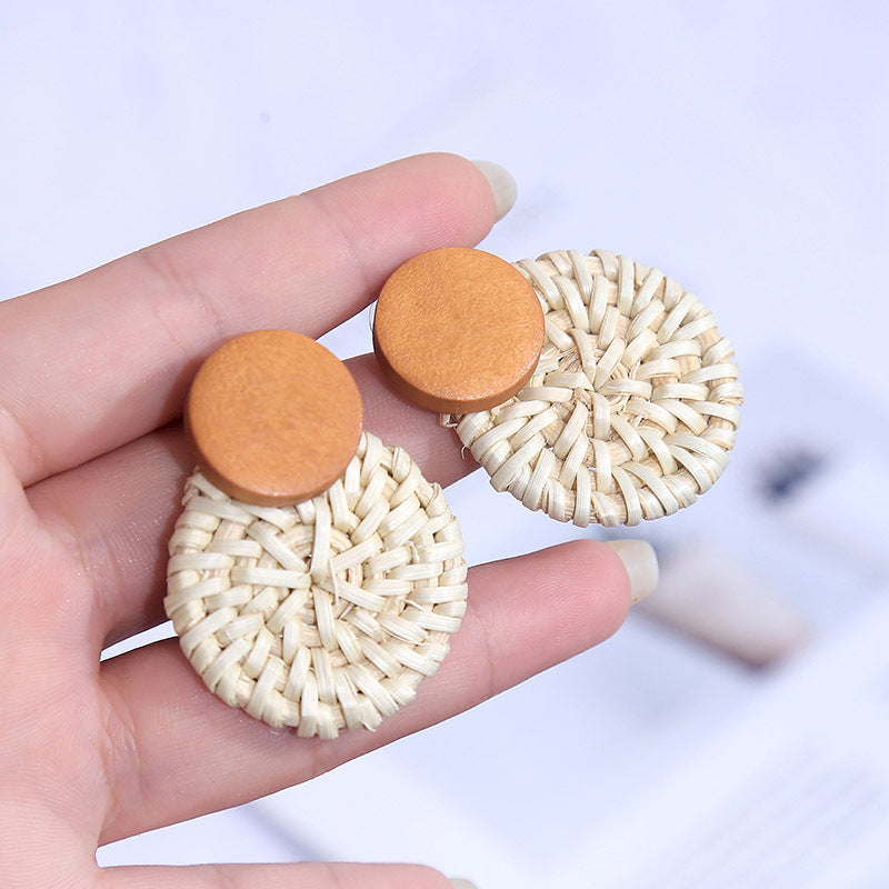 Women's Wooden Rattan Geometric Round Boho Earrings