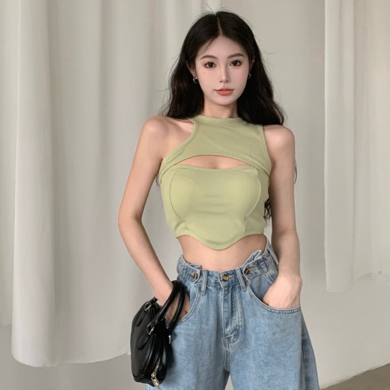 Tight Fake Two-piece Vest With Chest Pad Top Round Neck Women