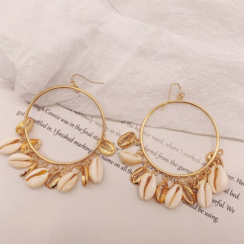 Boho Style Natural Shell Earrings Circle Tassel Pendant Earrings