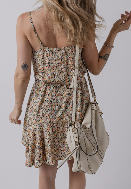 Khaki Boho Floral Printed Tie Waist Flared Sundress