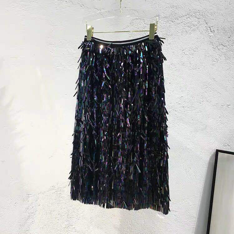 High waist sequin fringed mesh skirt