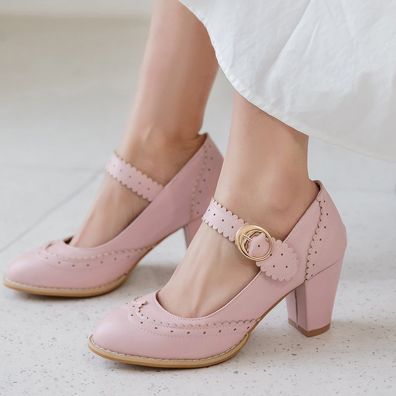 Spring new thick and buckle high heel Mary Jane shoes