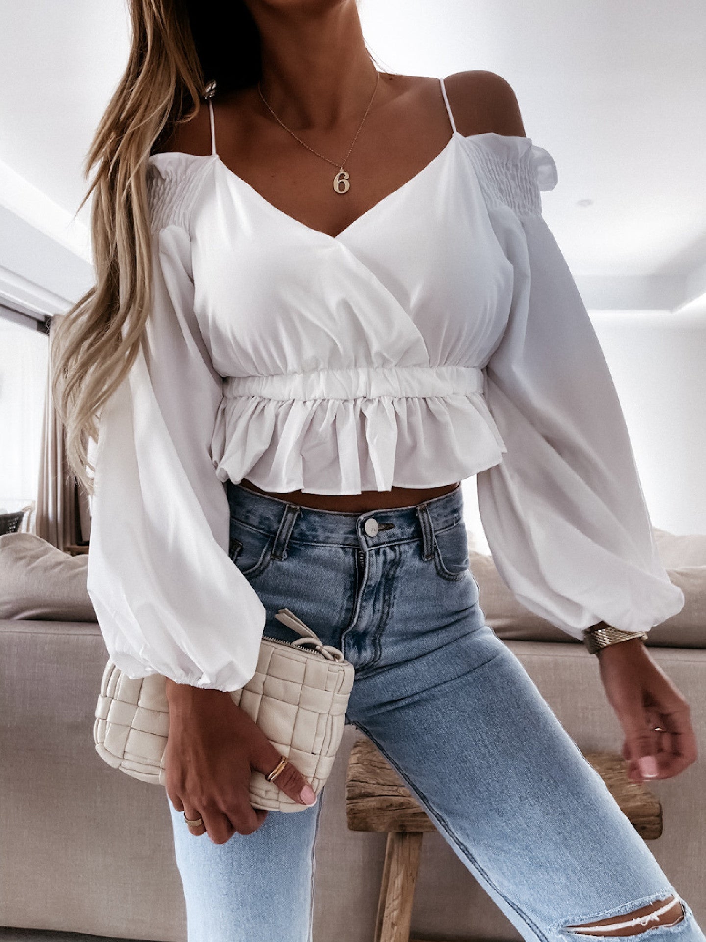 Elegant Ruffle Off-the-shoulder Sling Crossover Tops High-waist Blouse