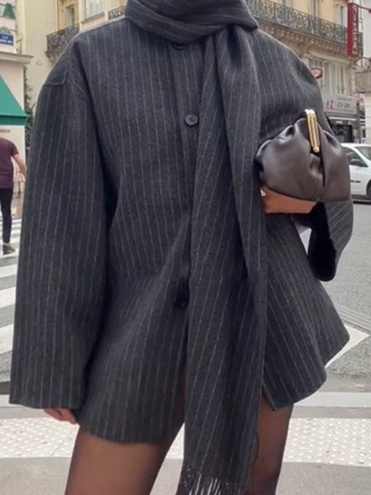 Stripe With Tassel Scarf Collar Blended Woolen Coat