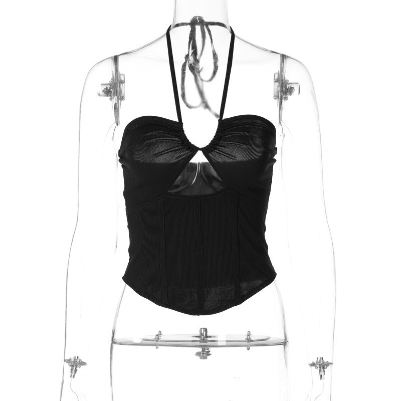 One-line Neck Hanging Neck Lace-up Small Vest Solid Color Top