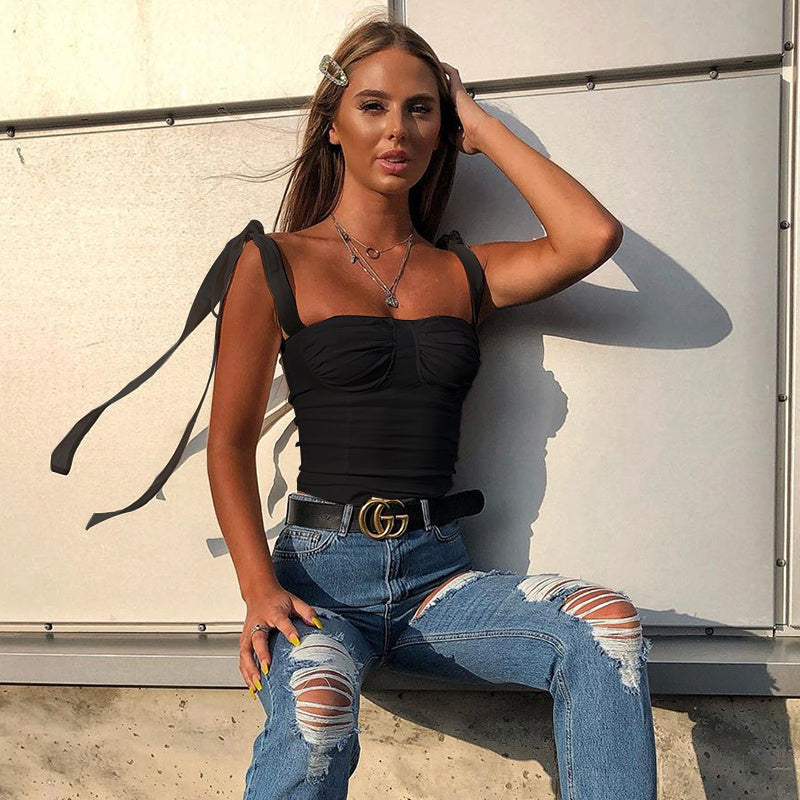 One-shoulder Slim-fit Lace-up Top Halter Chiffon Small Sling