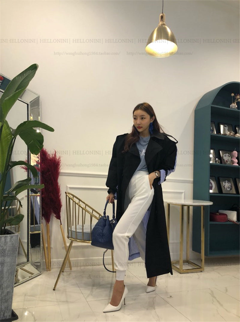 Lapel tie striped trench coat