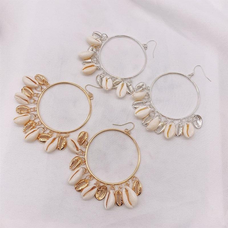 Boho Style Natural Shell Earrings Circle Tassel Pendant Earrings