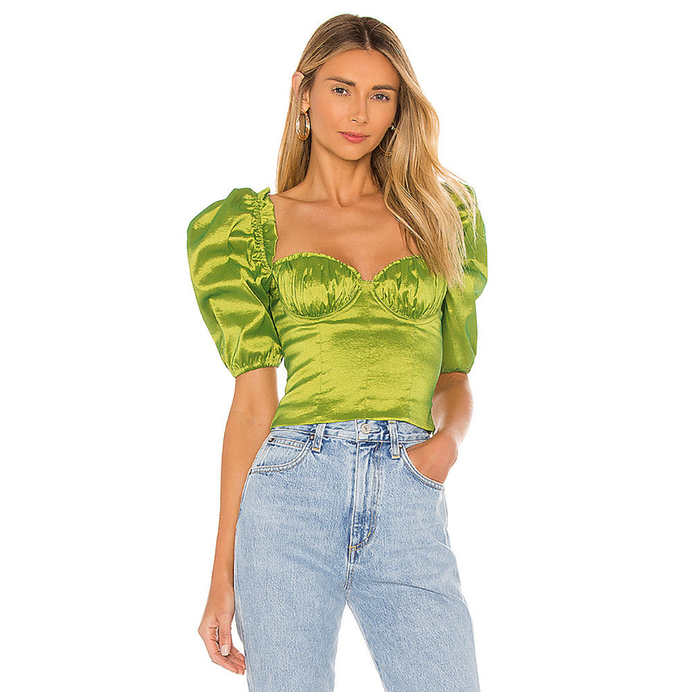 Solid Color Ruffled Lace Slim-fit T-shirt