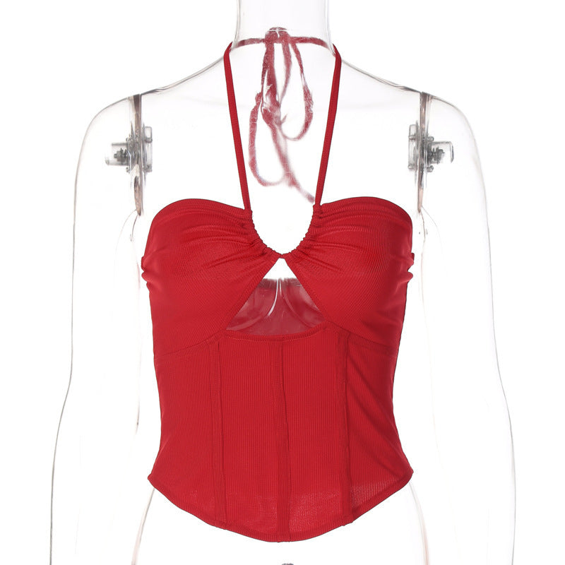 One-line Neck Hanging Neck Lace-up Small Vest Solid Color Top