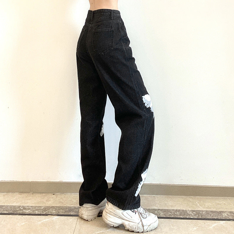 Women's New Butterfly Print High Waist Loose Jeans