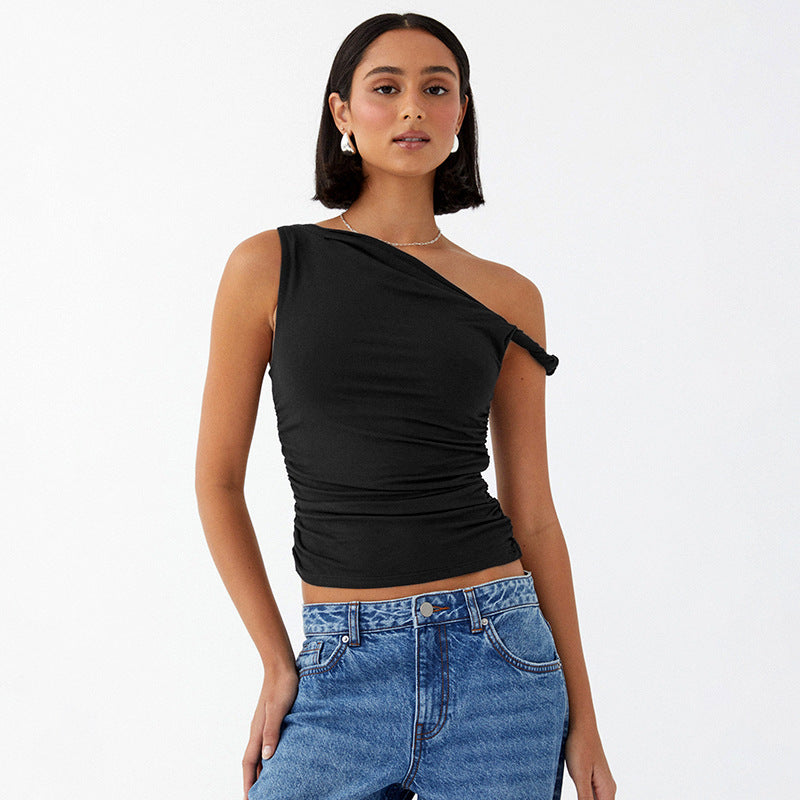 Women's Summer Solid Color Shoulder Diagonal Collar Peplum Top