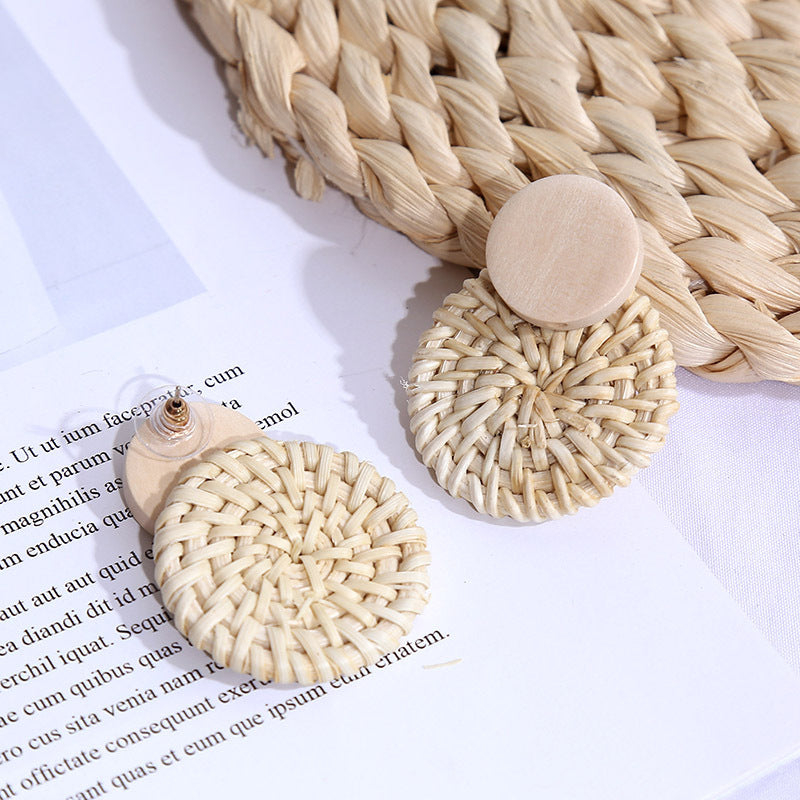 Women's Wooden Rattan Geometric Round Boho Earrings