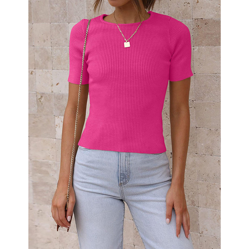 Womens Short Sleeve Shirts Crewneck Ribbed Knit Slim Fitted T-Shirt Summer Basic Tee Tops