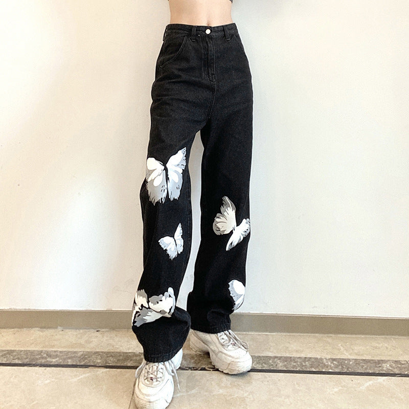 Women's New Butterfly Print High Waist Loose Jeans