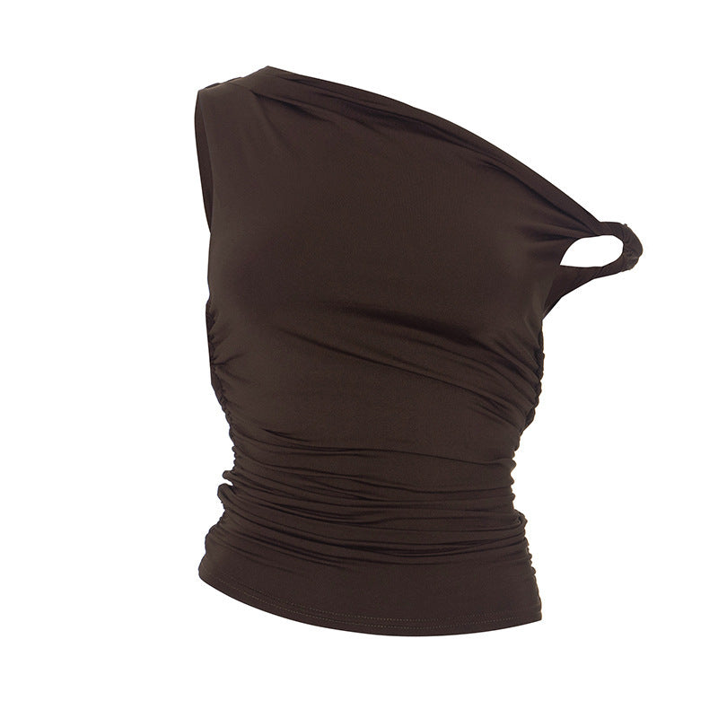Women's Summer Solid Color Shoulder Diagonal Collar Peplum Top
