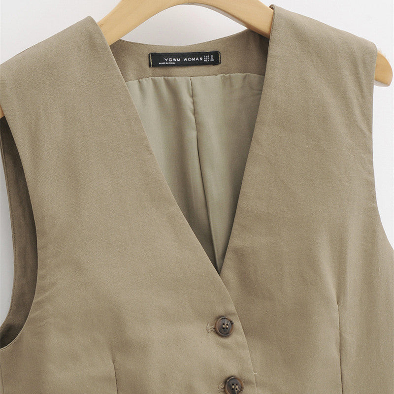 Linen Cotton Blend Slim Fit Short Suit Vest For Women