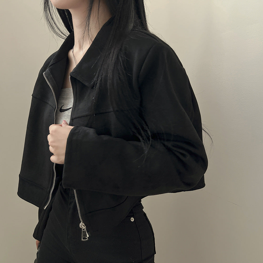 Retro Simple Pure Color Slimming Versatile Zipper Lapel Suede Fabric Jacket