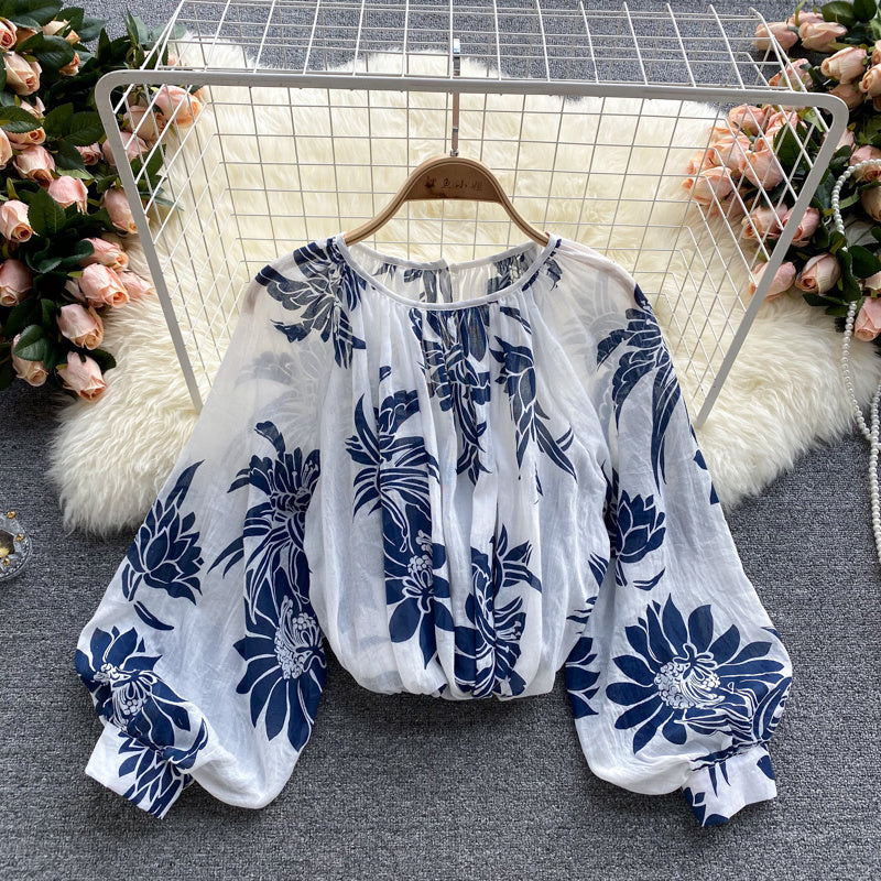 Ins Holiday Style Pullover Shirt Women Western Style Puff Sleeves